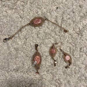Pink stone jewelry set of pendant, earrings and bracelet
